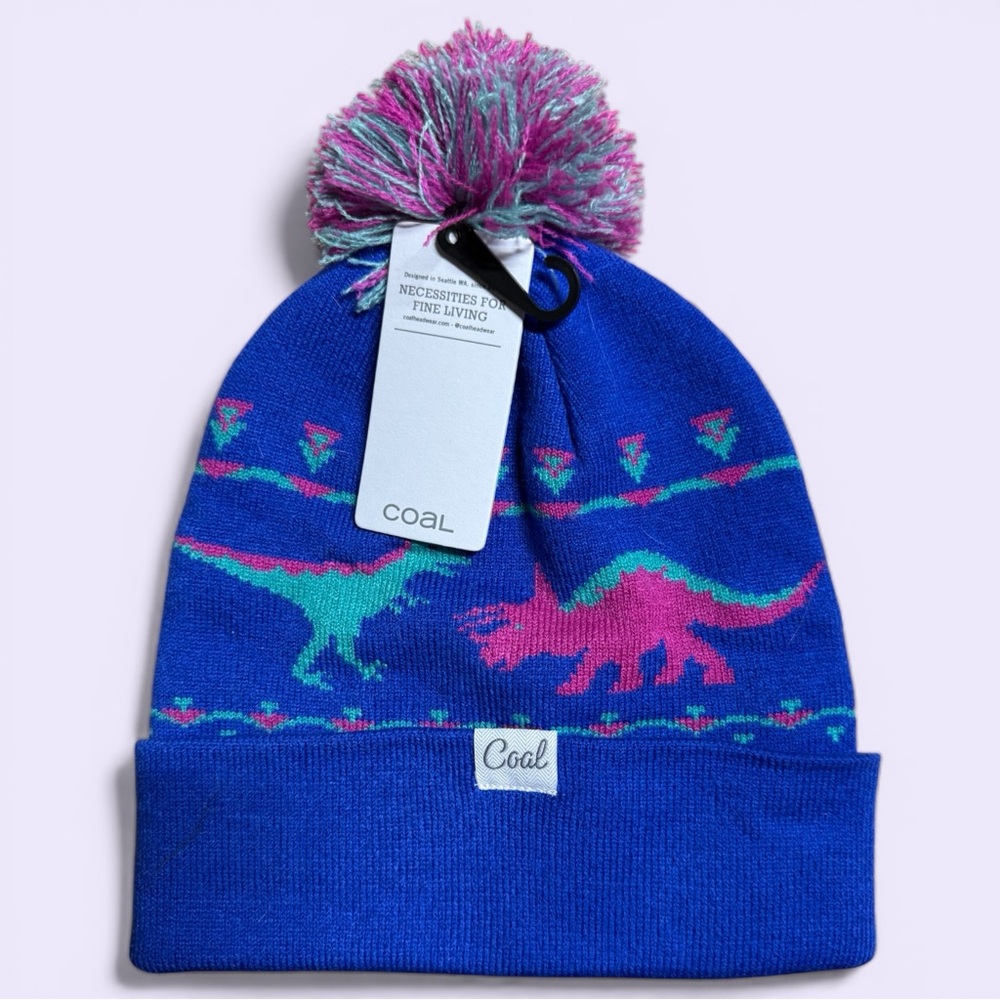 Coal Headwear Dina Beanie Hat Unisex Kids M Blue Dinosaur Graphic Pom